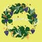 Summer wreath with grapes, multicolored leaves and flowers, bees, and summer lettering inside. floral background with grapes on ye
