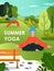 Summer yoga poster design template, flat vector illustration. Healthy lifestyle, outdoor workout.