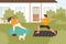 Summer yoga practice outdoor flat vector illustration, cartoon happy young family, friends or couple characters