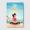 Summer yoga woman doing exercises sunrise relax landscape beach badge Design Label. Season Holidays lettering for logo