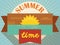 Summertime Banner with Sunset in the Ribbon in Flat Style, Vector Illustration