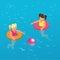 Summertime concept. Funny little girl swims in a pool in an orange life preserver. Flat 3d vector isometric illustration