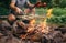 Summertime leisure concept image: man cooks a vegetabels on camp