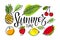 Summertime lettering and seasonal fruit set. Watermelon, pineapple, strawberry, lemon, orange fruit, cherry isolated