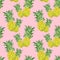 Summertime print with watercolor ripe pineapples on pink background. Hawaiian seamless pattern, fresh summer fruits