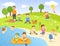Summertime in public park. Different recreation outdoor activities. Camping, playing, picnic, swimming. Flat vector