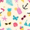 Summertime seamless pattern with exotic fruits, seashells, seagull, tropical leaves, sunglasses, butterflies. Summer