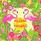 Summery fashion print with Aloha Hawaii lettering, pink flamingos pair, tropical leaves, hot sun and exotic flowers for bag, Tshir