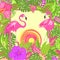 Summery floral background with tropical leaves, pair of lovely pink flamingo, hot sun and exotic flowers for Tshirt, summer party