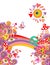 Summery hippie background with abstract colorful flowers, mushrooms, peace symbol and rainbow