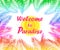 Summery print with colorful fan-leaved palm branches frame, sun and Welcome to paradise lettering. Vector template design for beac