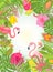 Summery vertical frame with exotic flowers and pair of pink flamingo
