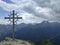 Summit cross Hoher Burgstall mountain at Stubai high-altitude hiking trail, lap 1 in Tyrol, Austria