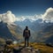 Summit serenity, hiker on mountain expedition, appreciating panoramic view from behind