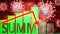 Summits, Covid-19 virus and economic crisis, symbolized by graph with word Summits going down to picture that coronavirus affects