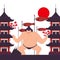 Sumo fighter in Japan, vector illustration. Traditional Japanese symbols, pagoda temple and koinobori kites. Strong man