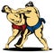 Sumo wrestlers fighting