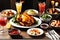 A sumptuous array of non-vegetarian dishes spread on a rustic wooden table, featuring roasted chicken and more