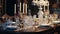 A sumptuous Baroque dining table set with ornate silverware, crystal glasses