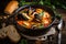 Sumptuous Bouillabaisse soup served in a traditional rustic pot with fresh seafood and aromatic herbs bursting with flavor