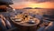 A sumptuous table on a luxurious motor yacht, bathed in the warm hues of a sunset, awaits a couple for a romantic dinner