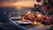 A sumptuous table on a luxurious motor yacht, bathed in the warm hues of a sunset, awaits a couple for a romantic dinner