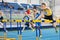 SUMY, UKRAINE - FEBRUARY 21, 2020: Ruslan Malohlovets- heptathlon champion on hurdles sprint at Ukrainian indoor track