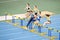 SUMY, UKRAINE - FEBRUARY 22, 2020: falsestart on 60m hurdles sprint at Ukrainian indoor track and field championship