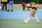 SUMY, UKRAINE - FEBRUARY 22, 2020: sportswoman starting her long jump attempt at Ukrainian indoor track and field championship