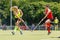 SUMY, UKRAINE - JUNE 14, 2018: women in battle for the ball in the game between MSK Sumchanka and HC Kolos on Ukrainian