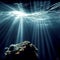 Sun beams go through deep blue ocean waters, light rays underwater background, empty clean sea waters illustration