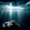 Sun beams go through deep blue ocean waters, light rays underwater background, empty clean sea waters illustration