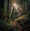 Sun beams in the misty forest with trees and ferns.Generative AI