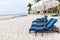 Sun beds at the beach of the hotel in relief of the epidemic