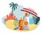 Sun bronzer bottles with flower under beach umbrella