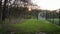 Sun burst above a tree line along a fenced area of soccer goals