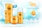 Sun care cream tube, bottle, spray. Sun protection cosmetic products. 3D illustration. Vector mock up