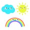 Sun, cloud, rainbow icon set. Cute cartoon kawaii funny baby character. Baby collection. Smiling face emotion. Flat design. Pastel