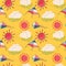 Sun with clouds and flying kites seamless pattern