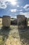 Sun descending behind the entrance of Magacela Dolmen, Extremadura. Spain