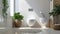 Sun-drenched bathroom with white subway tiles, toilet and sink next to a potted plant. Interior design, cozy lifestyle