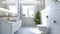 Sun-drenched bathroom with white subway tiles, toilet and sink next to a potted plant. Interior design, cozy lifestyle