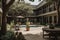 sun-drenched courtyard with cozy seating and a view of the pool