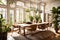 A sun-drenched dining room with a long wooden table, surrounded by plush chairs and vibrant potted plants