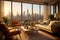 A sun-drenched living room with floor-to-ceiling windows offering breathtaking views of the city skyline, complemented by modern