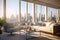 A sun-drenched living room with floor-to-ceiling windows offering breathtaking views of the city skyline, complemented by modern