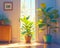 Sun-drenched living space with vibrant potted plants adding life to a serene interior