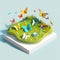 sun-drenched meadow and a rainbow of butterflies, isometric low poly view AI generation
