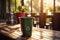 Sun drenched recycling Bin on table, touched by natural sunlight