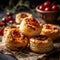 Sun-dried tomato and feta puff pastry bites in warm vibrant light. Baked snacks.